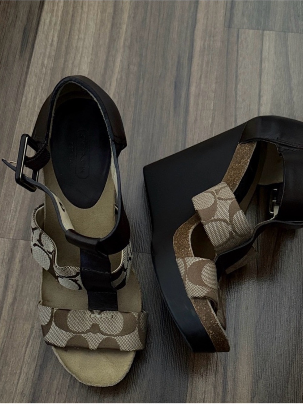 Coach Brown and Tan Signature Canvas Wedge Sandals